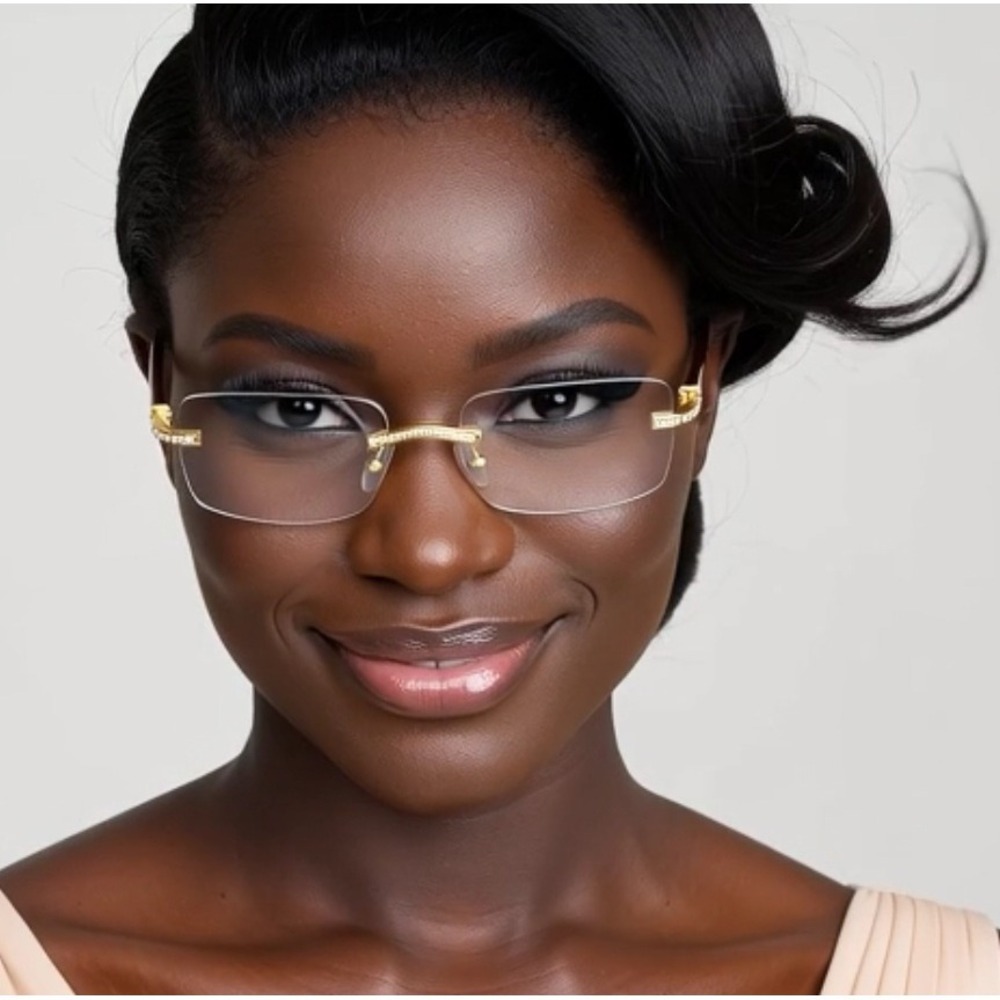 Wom enRimless Sunglasses Gold Clear Lens Wood Grain Arms Rhinestone‎ Female Lady
